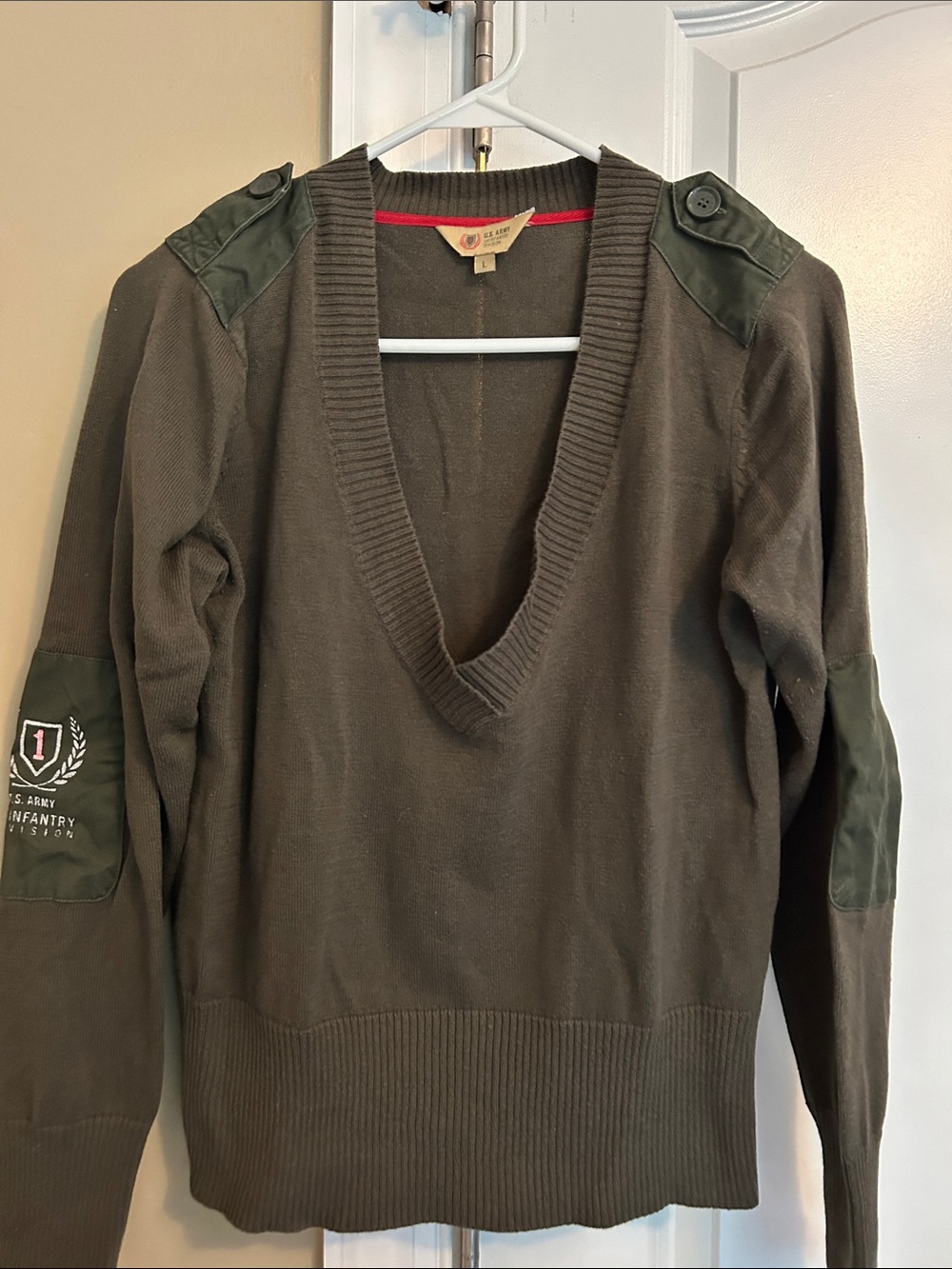 Olive V-Neck Military Style Sweater